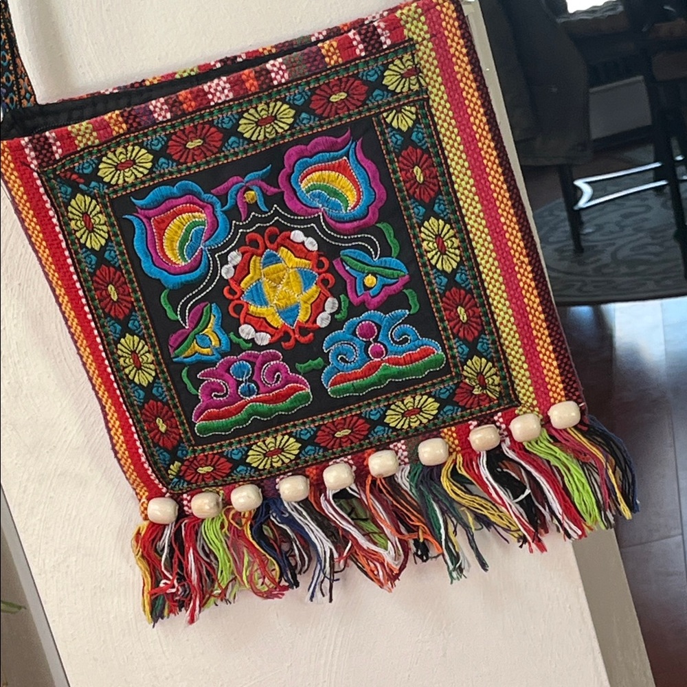 Colorful Embroidered Boho Bag w/ wooden beads